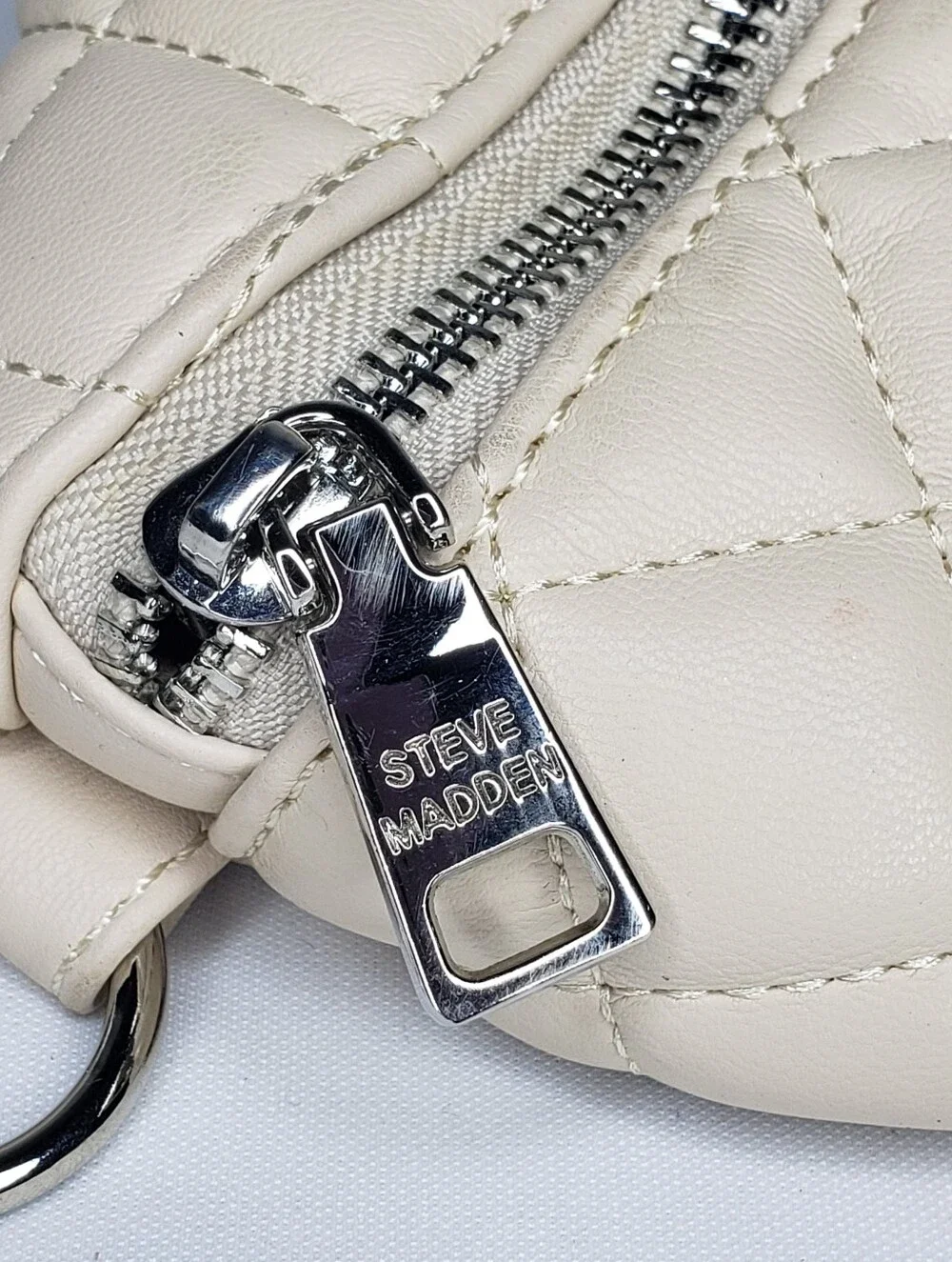 Steve Madden Quilted Cream Crossbody Belt Bag with Silver Chain